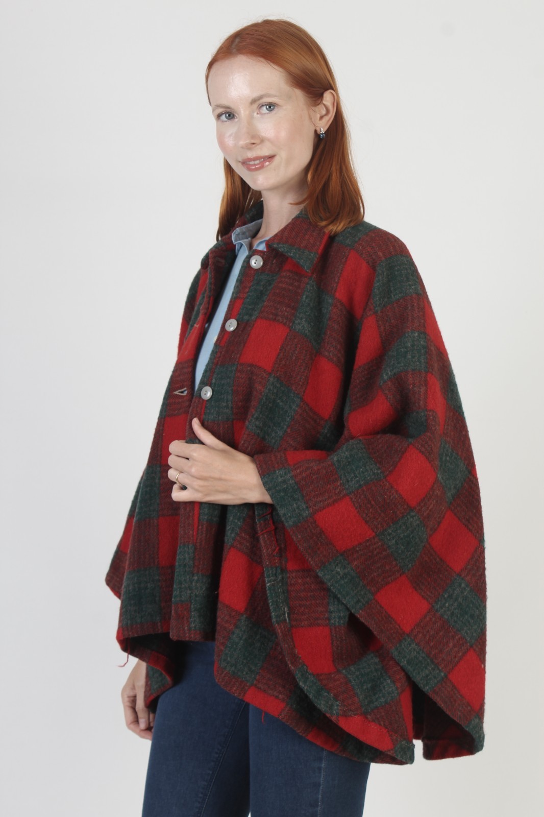 Vintage 50s Tartan Plaid Cape Gingham Holiday Wool Cocoon Poncho Coat Jacket