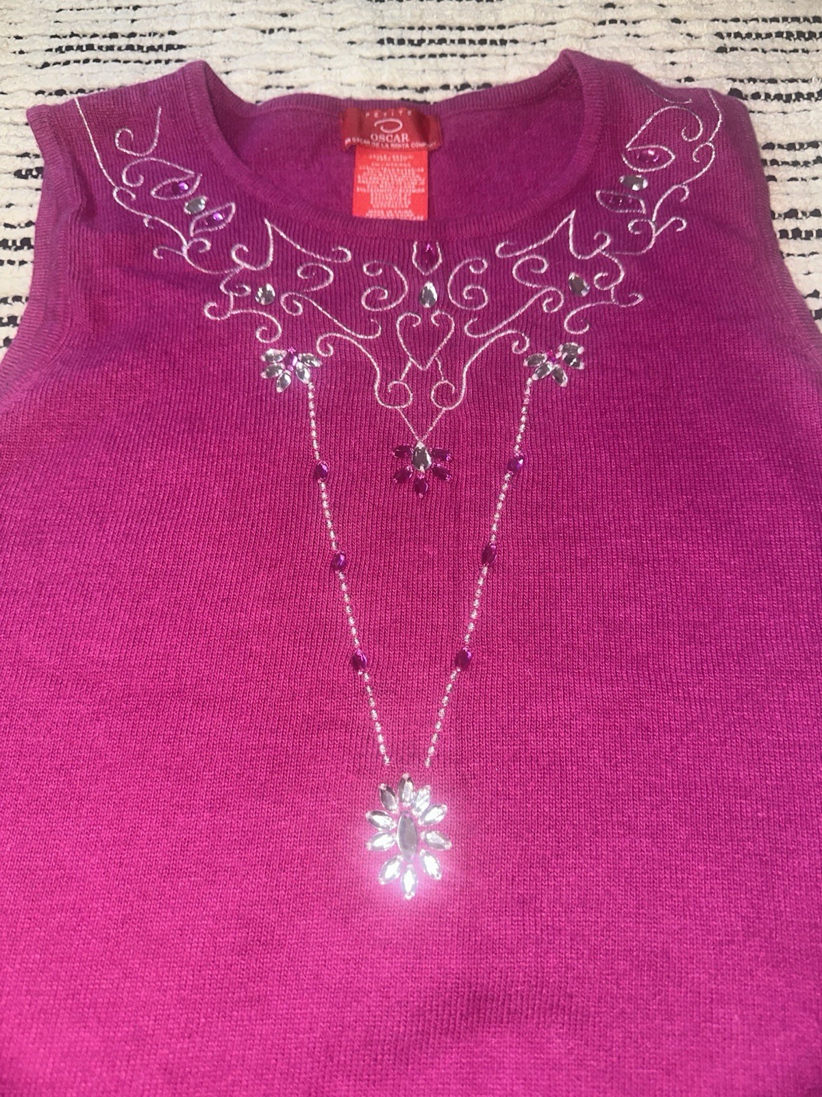 Vintage Oscar de la Renta Y2K Pink Embellished Rhinestone Knit Top Shell M