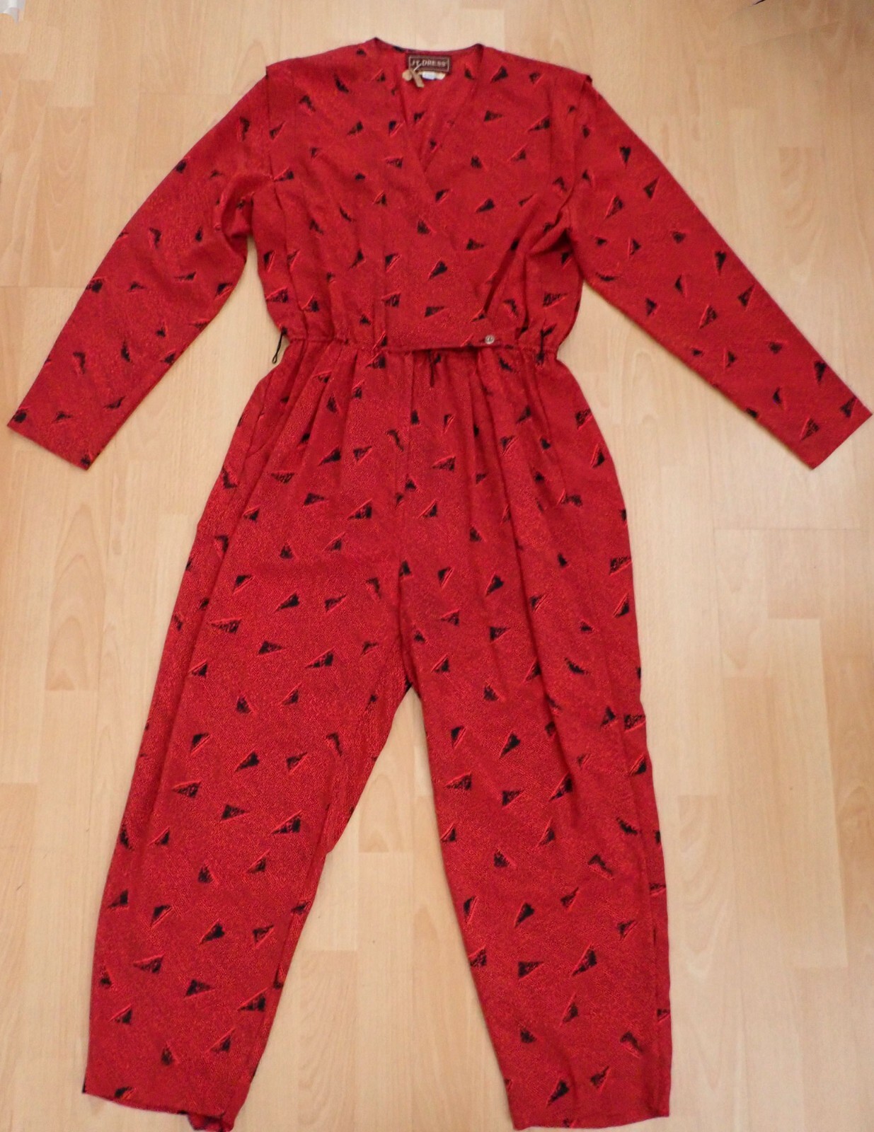 VTG 1980s JT DRESS Red JUMPSUIT Sz 14 Triangle pattern Romper USA