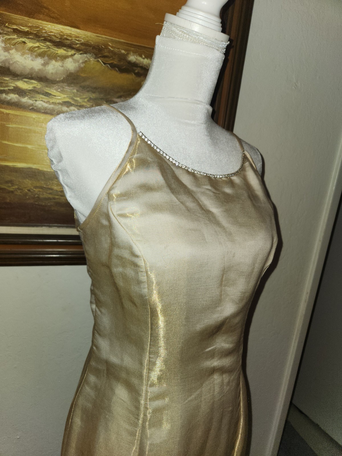 Vintage 1990s Scott McClintock Shimmery Gold Maxi Prom Dress Size 10 Rhinestone