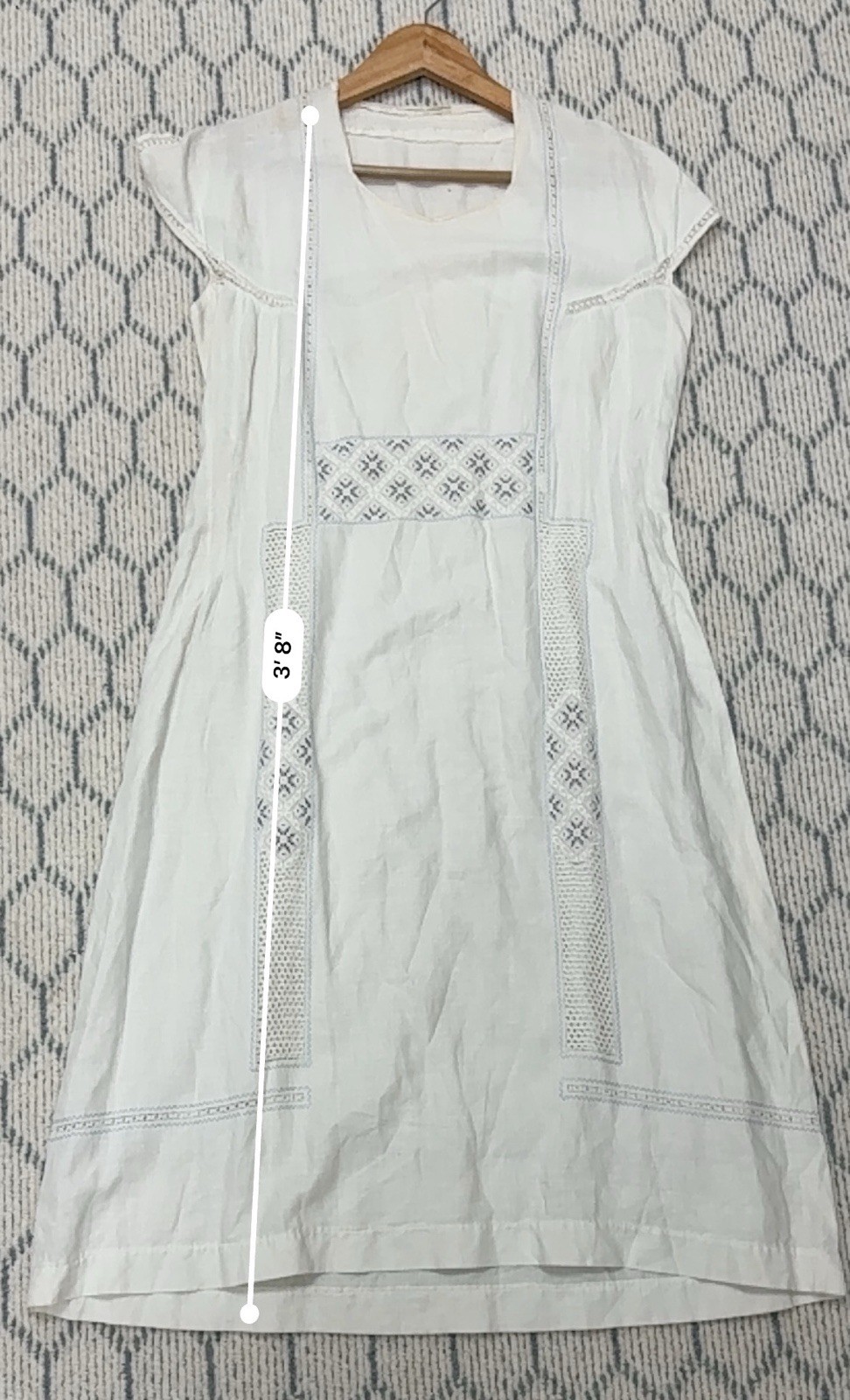1920’s Antique Hand Embroidered Linen Chevron Lace Cottagecore Cream Lawn Dress