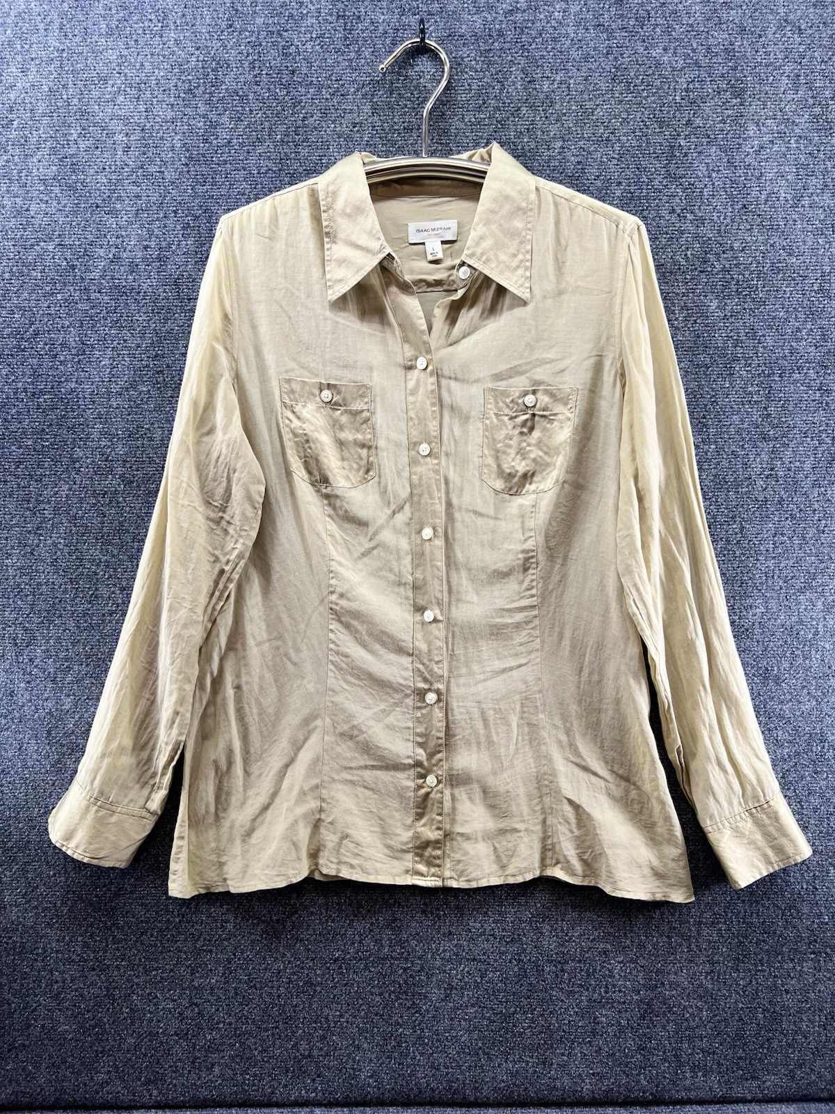 Vtg Izaac Mizrahi Button Up Blouse Large Gold Sheer Cotton Silk Quiet Luxury