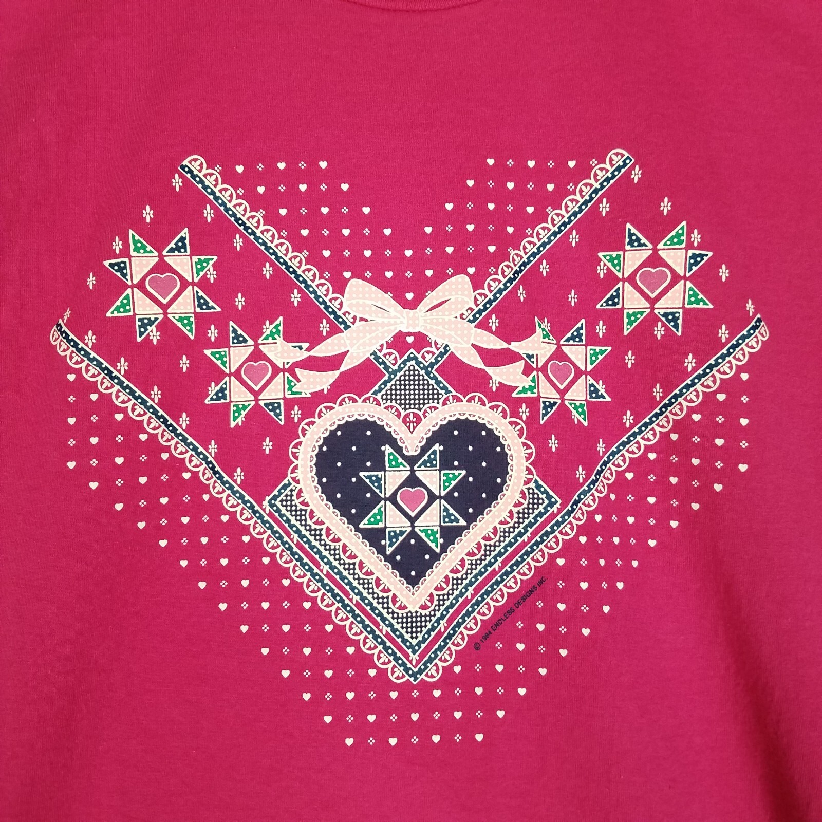 Vintage Jerzees T-Shirt Adult Large Hot Pink Hearts Bow Granny 1994 Crewneck