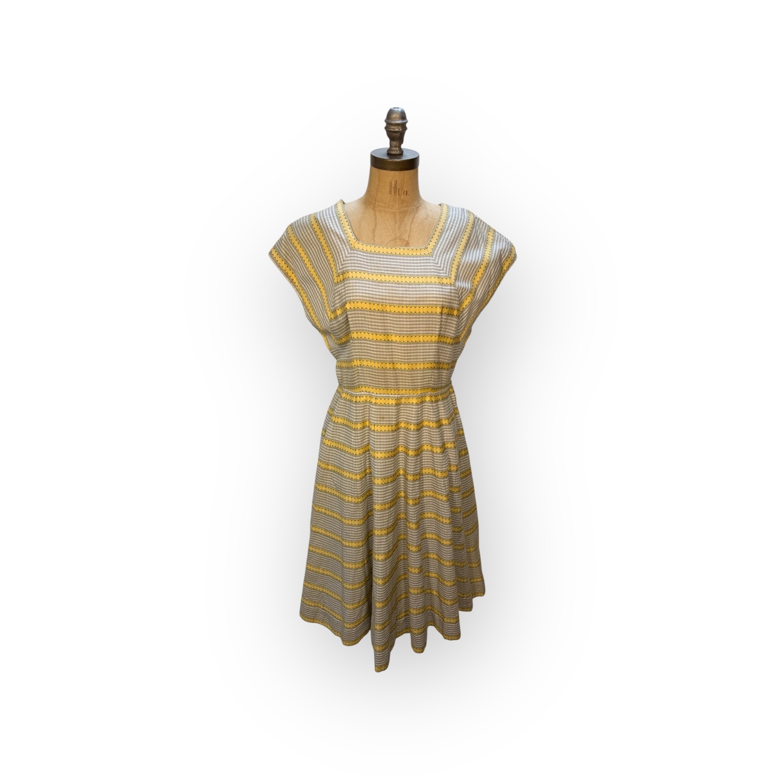 Vintage 1950’s Wildman Originals Blue Yellow Folk Stripe Cotton Day Dress 8 M