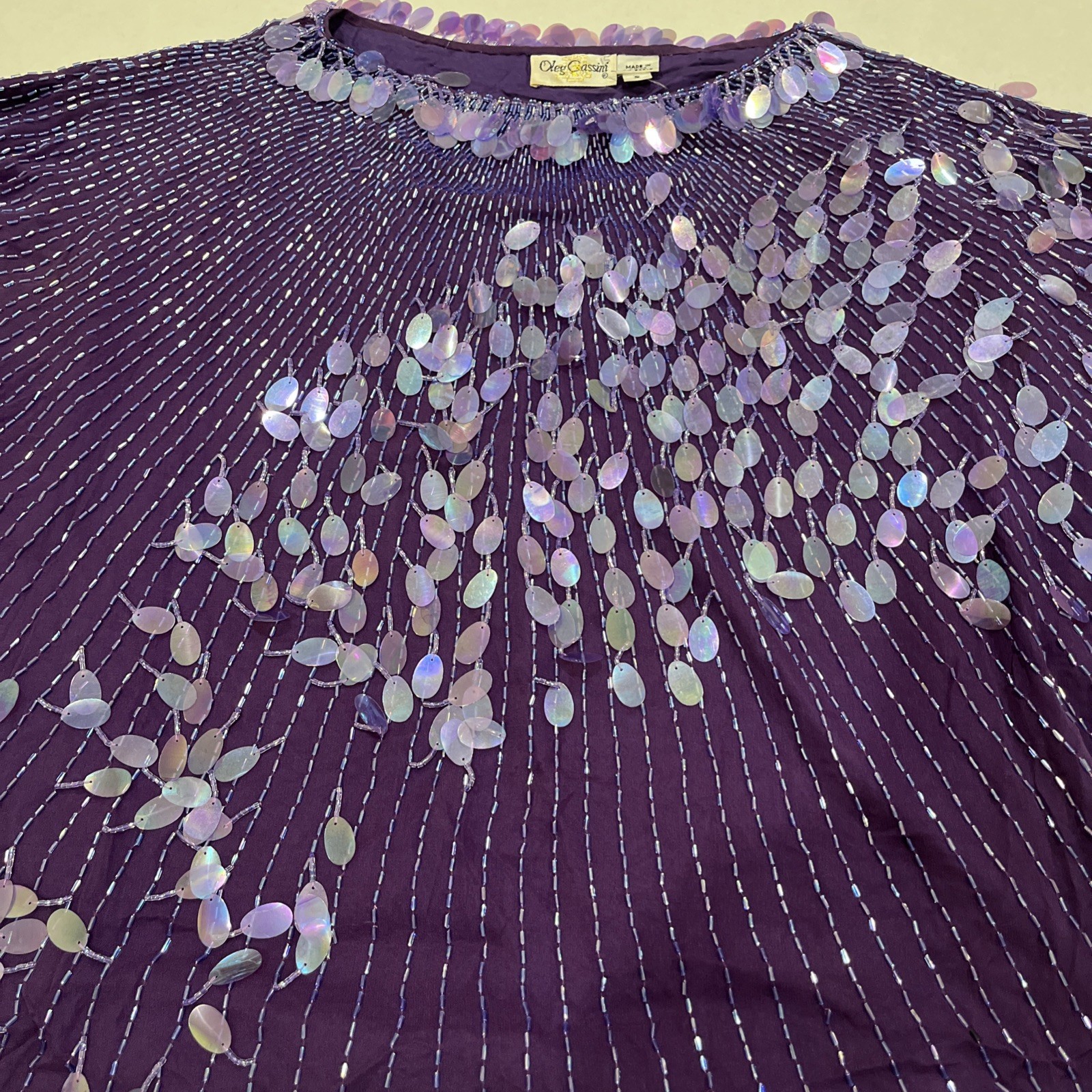VTG OLEG CASSINI Royal Purple SEQUIN BEADED EMBELLISHED EVENING BLOUSE Size S