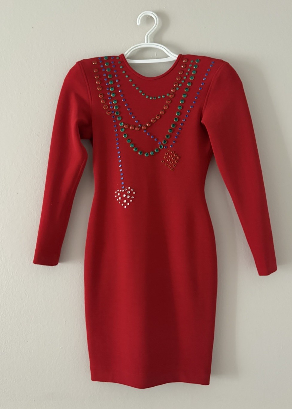 Vintage Tadashi 80s Woman’s Dress Red Size XS Rhinestones Long Sleeve Pull On