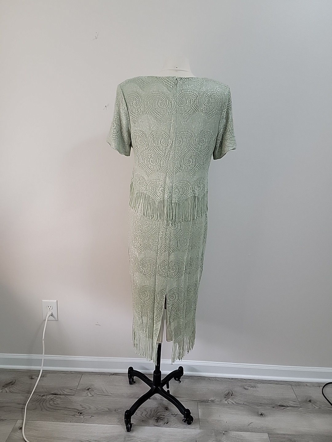 Vtg SL Fashions Green Lame Sparkly Formal Long Party Dress with Fringe Size 14WP