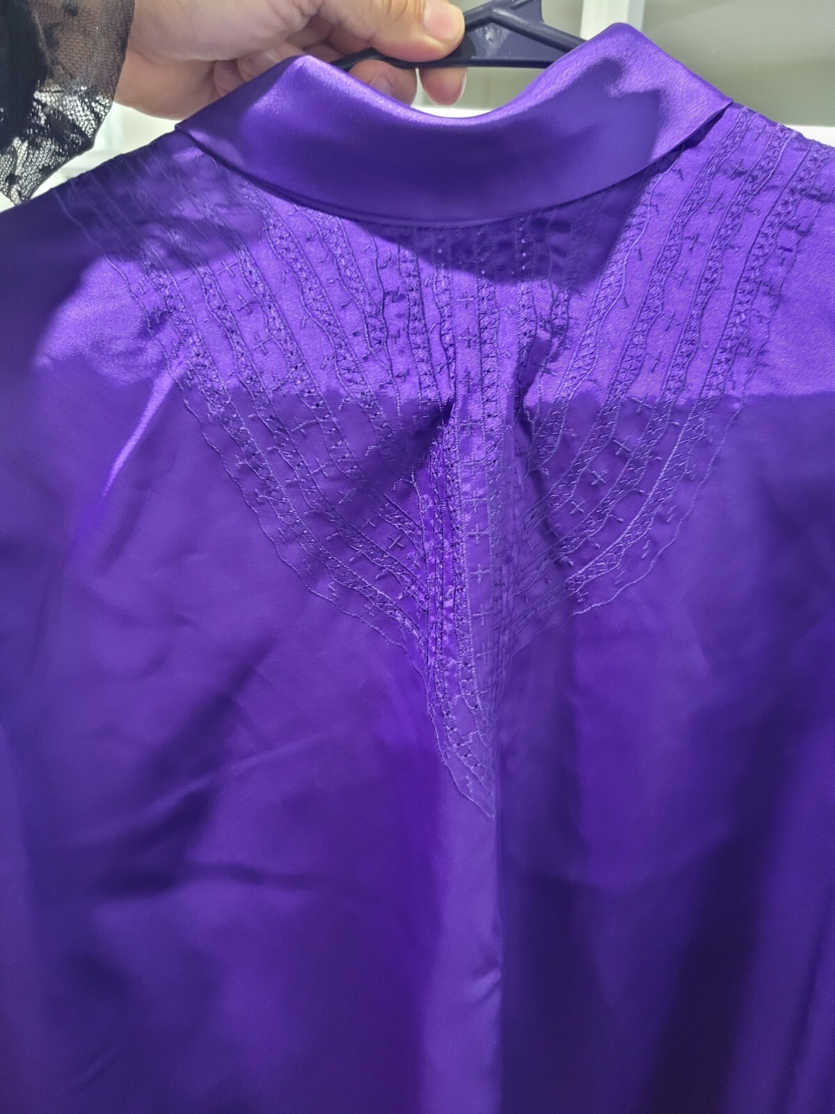 Vintage Compositions Shiny Purple Button Back High Neck Secretary Blouse Sz 12