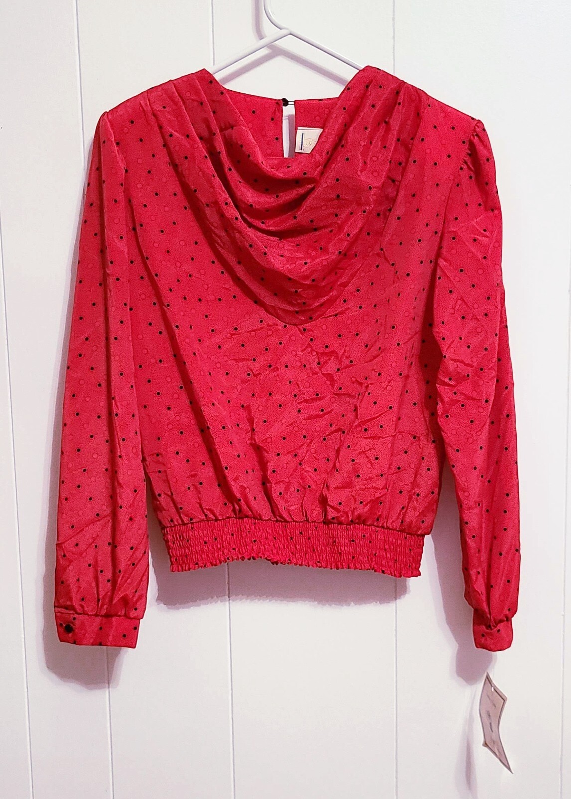 Vintage 1980s TR Bentley Red & Black Polka Dot Cowl Neck Blouse Size 12 NWT