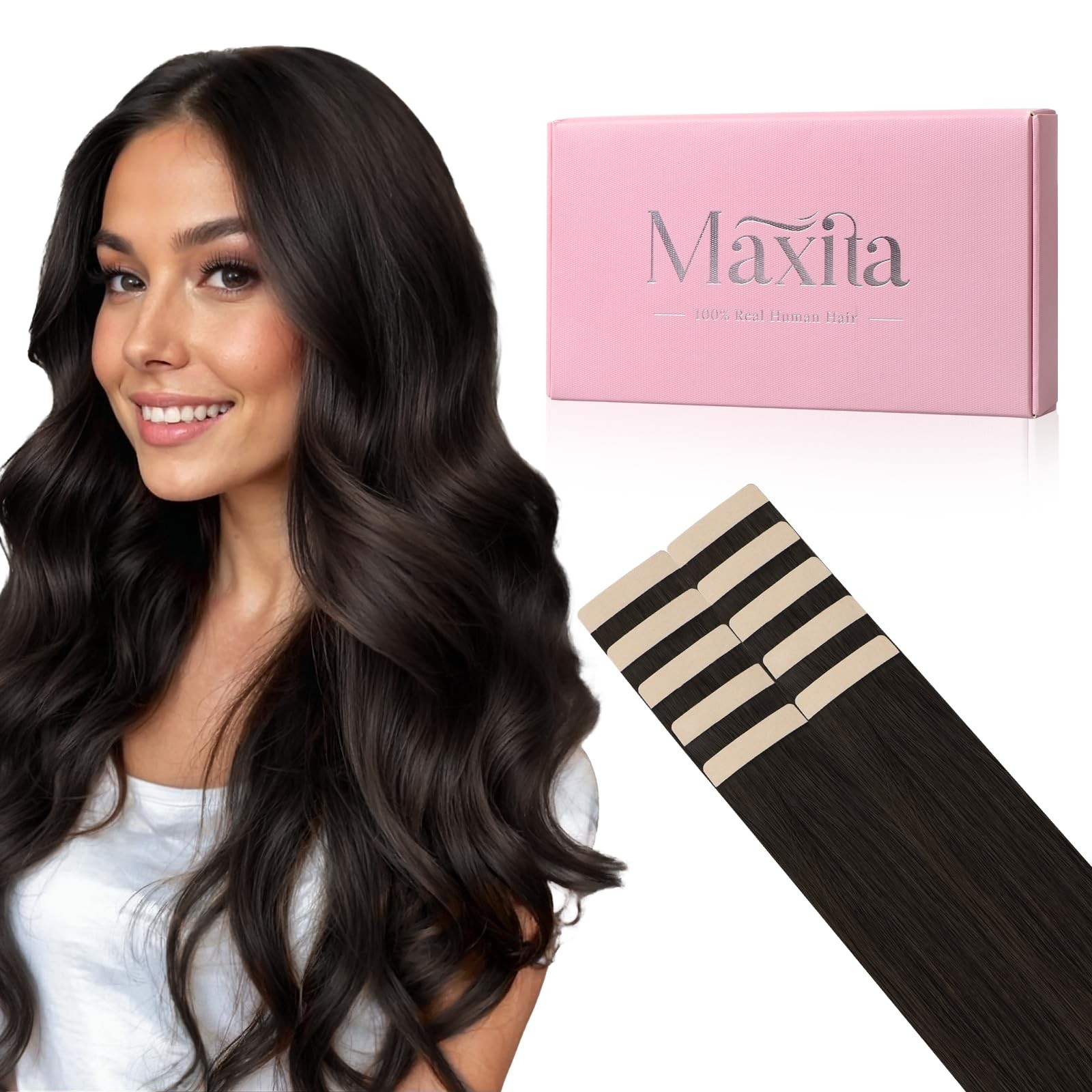 MAXITA 16” Dark Brown Remy Tape-In Human Hair Extensions 25g 10pcs