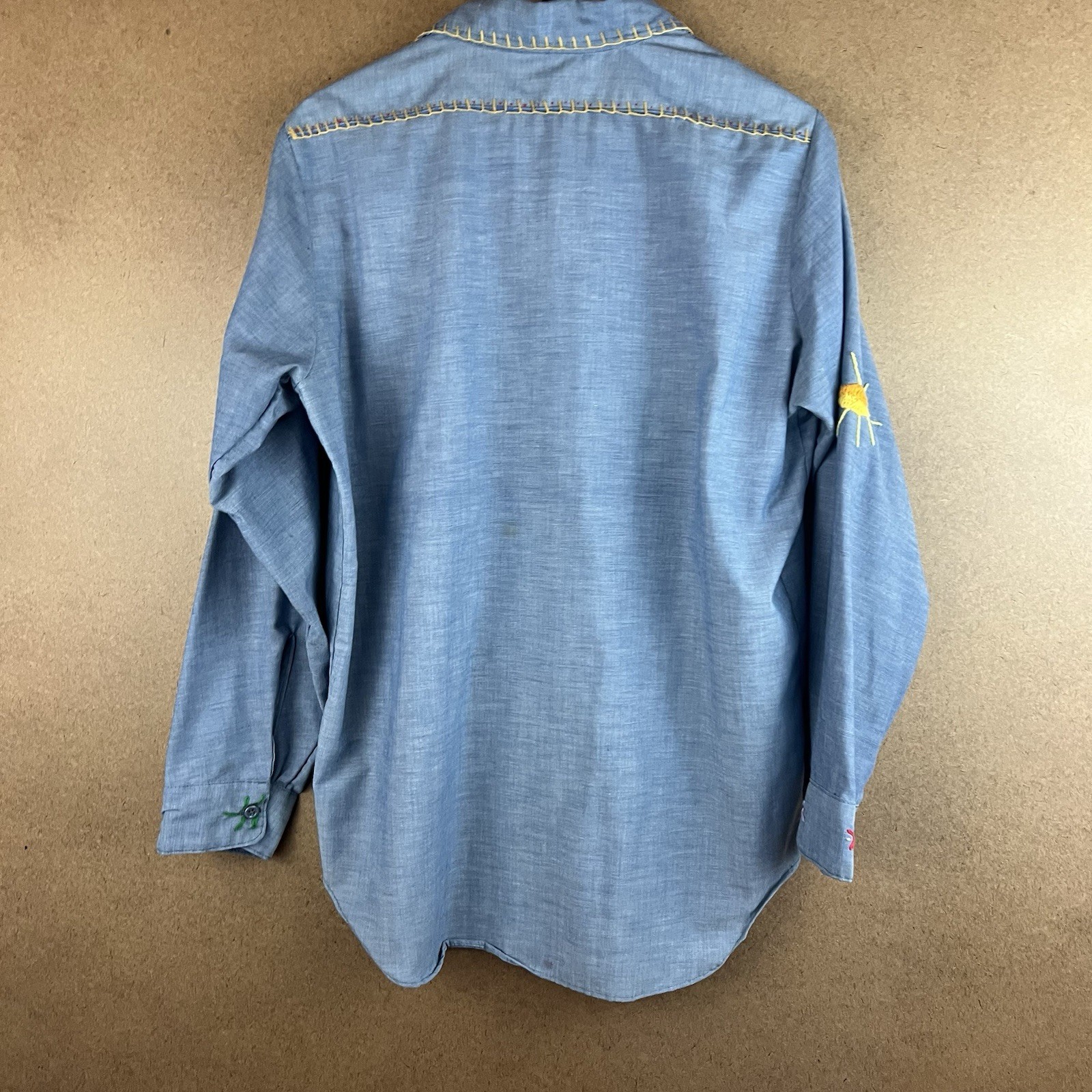 VTG 70s Key Imperial Embroidered Flowers Chambray Work Shirt Boho Hippie L USA