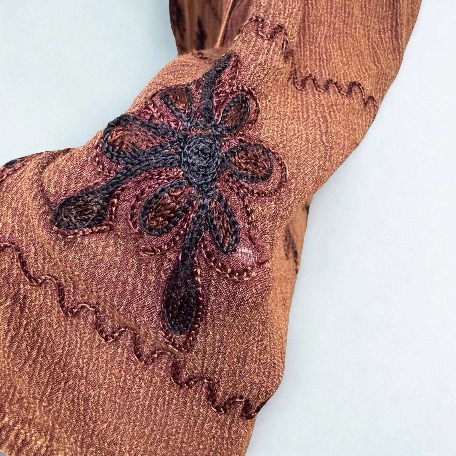 Vtg Brown Maxi Dress Embroidered Tie Back Sz Medium Boho Renaissance Fairy