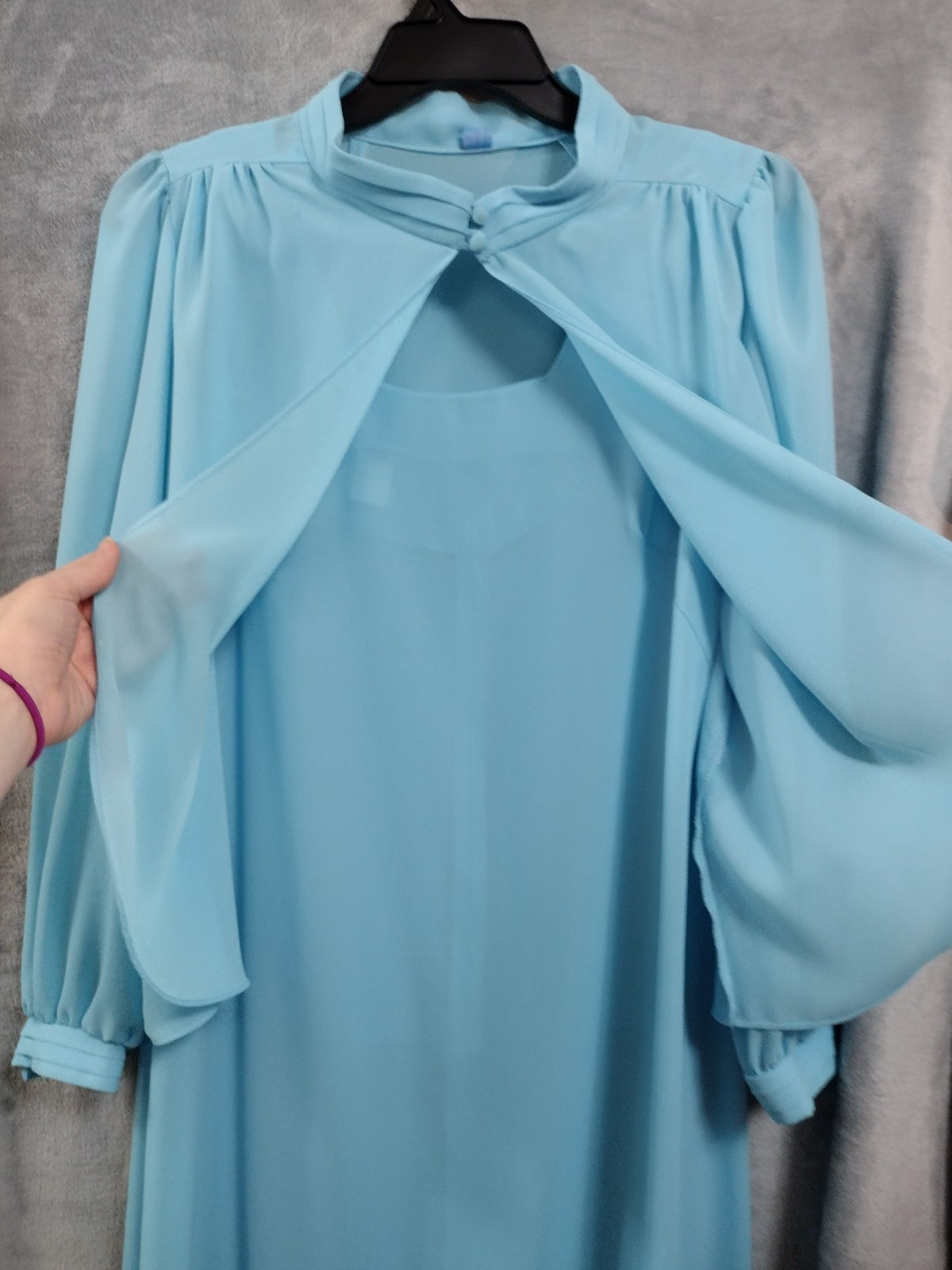 Vtg 70s Ice Blue Maxi Dress 16 1/2 Sheer Cardigan Jacket Made USA Formal Wedding