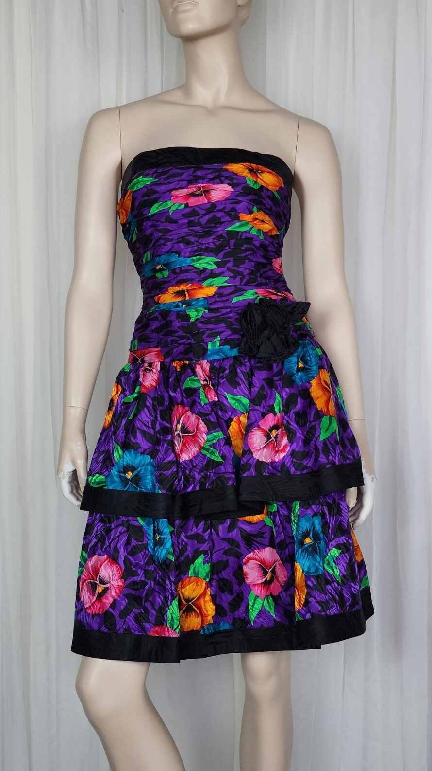 Vintage 80s A.J. Bari silk flower strapless wedding party grad prom dress 4