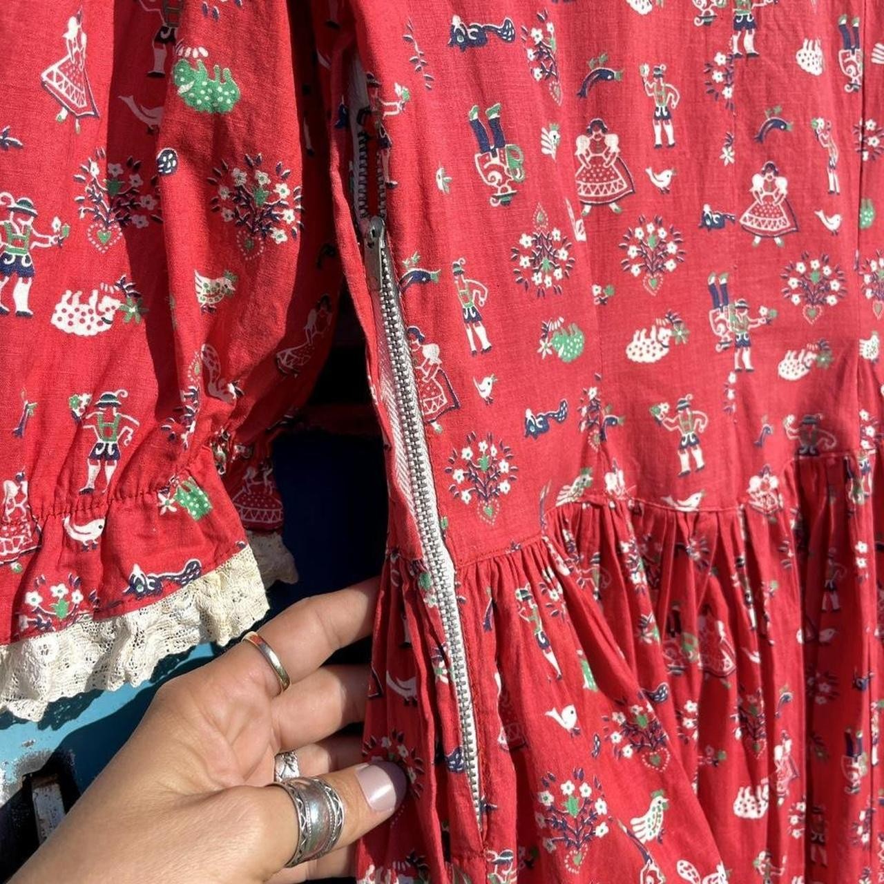 early 40s red cotton folk novelty Dutch girl & boy prairie dress pin tuck yoke
