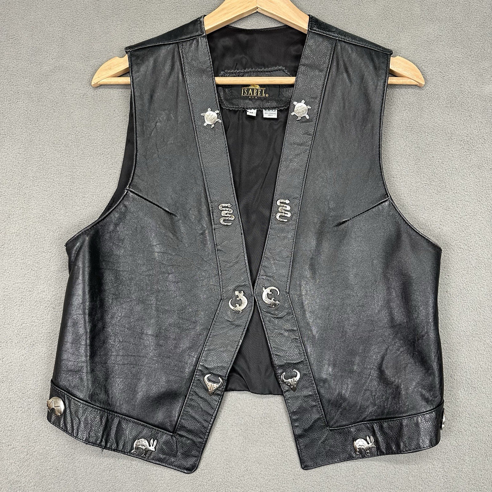 Vintage Isabel Western Black Leather Vest M Concho Biker Cowboy Southwestern USA