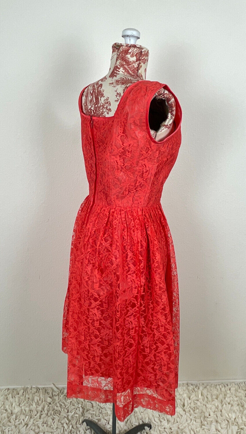 Vtg 50s CORAL LACE Dress J. Harlan Rockabilly Pinup Red Party Sheer Sexy 1950s