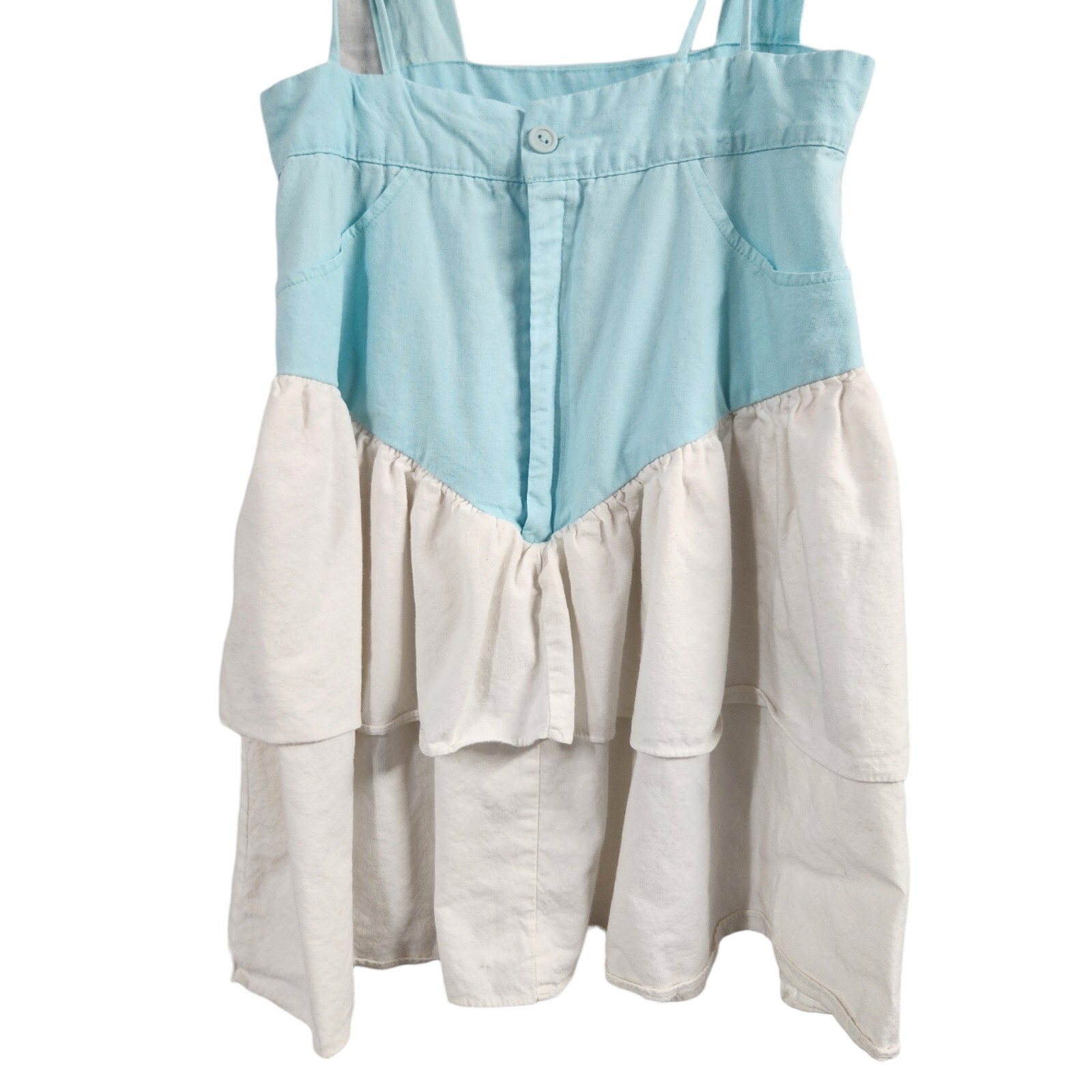 Vintage 70s Turquoise White Cotton Overall Pinafore Dress Size 5/6 *See Descript