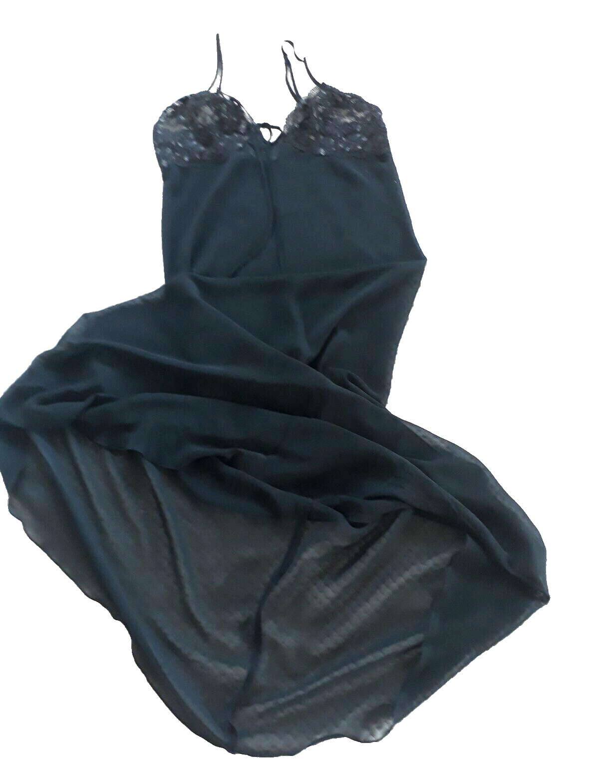 ANYWEAR ANY TIME VINTAGE WOMAN MAXI NIGHT BLACK GOWN WITH COTTON LACE SZ L