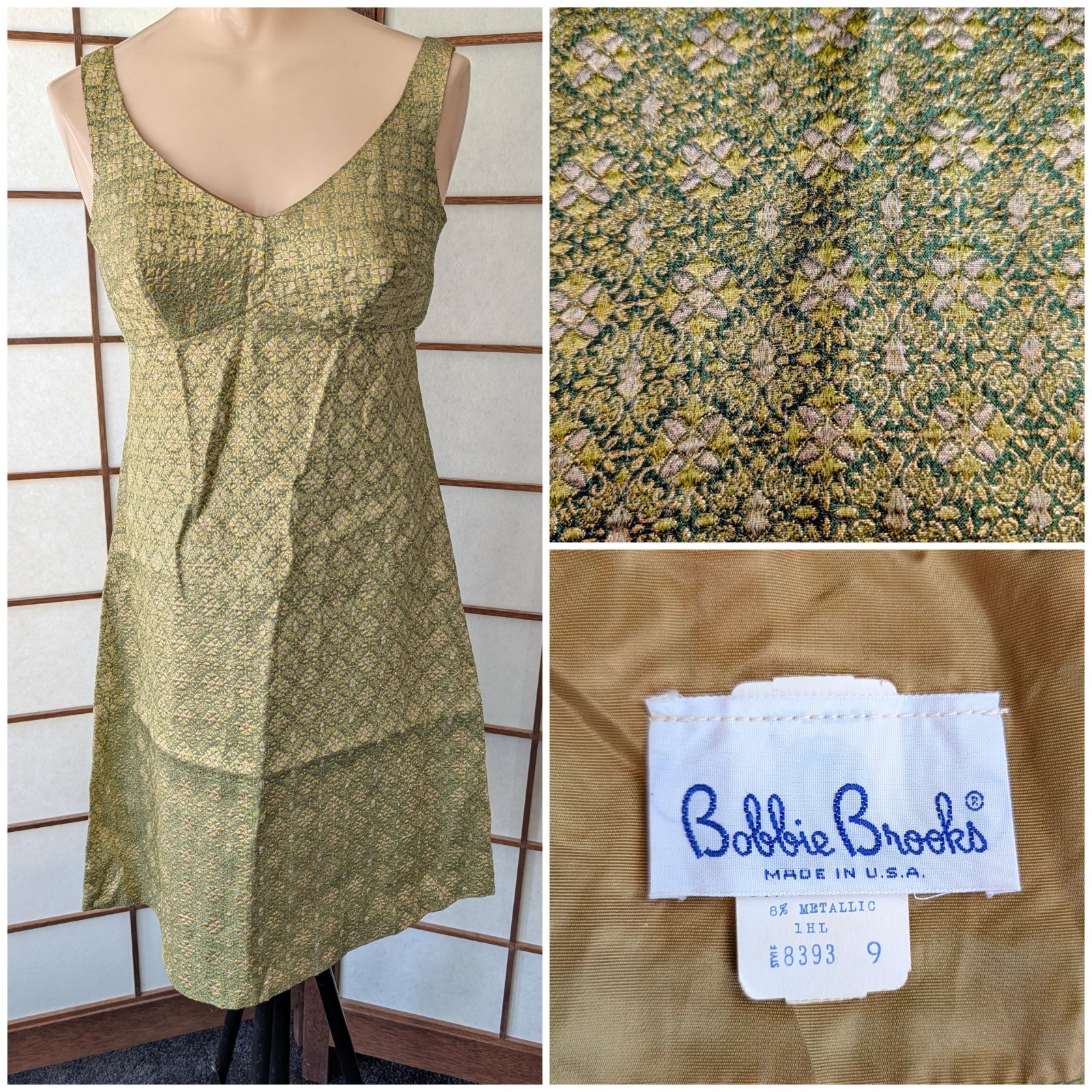 Vtg 1960s Bobby Brooks Metallic Gold & Green Mini Dress Bullet Bra Mod GoGo XS/S