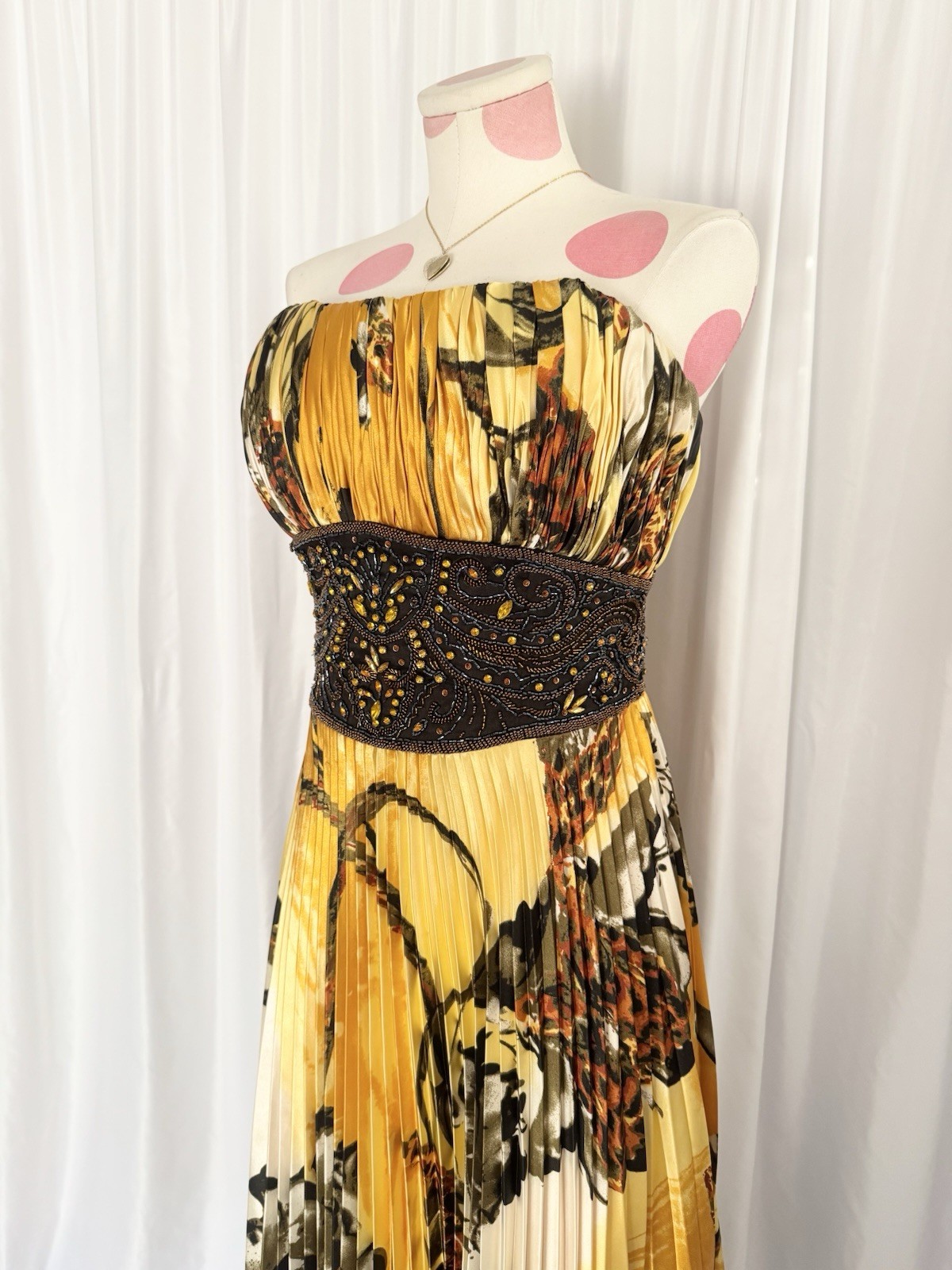 Vintage Yellow Leopard Floral Beaded Sequin Pleated Formal Gown Dress 14 Jovani