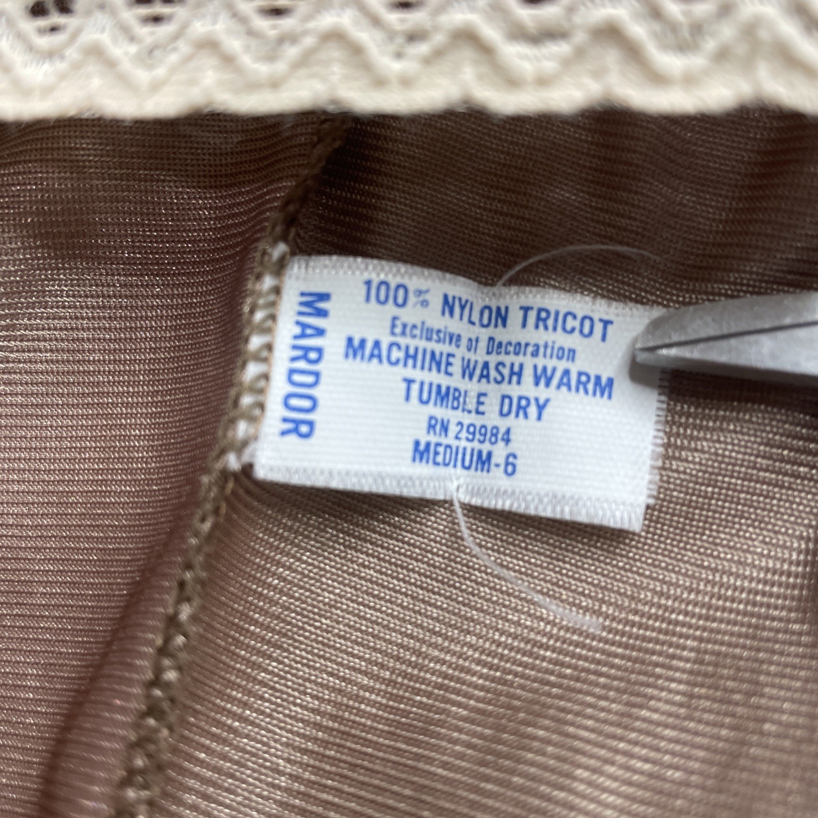 Vintage Mardor Half Slip Mocha Size Medium Lace Trim Slit 100% Nylon Tricot