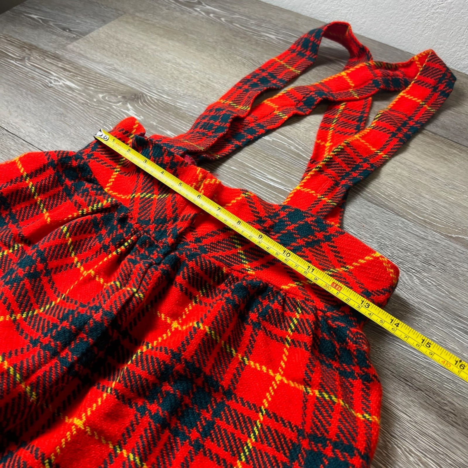 Carol Brent Pinafore Dress Womens XS Red Plaid Vintage Jumper Tartan Gold Button
