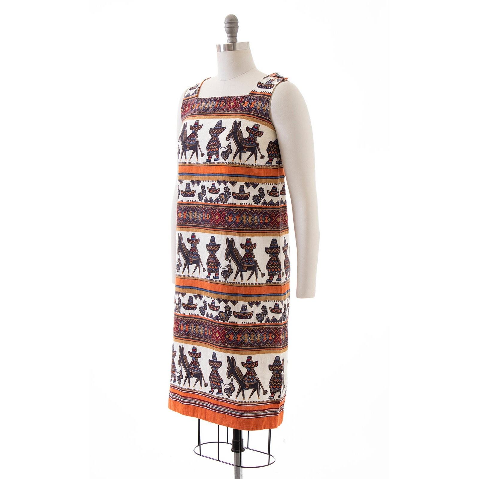 Vintage 1960s Sundress 60s Mexican Striped Novelty Print Cotton Shift Dress