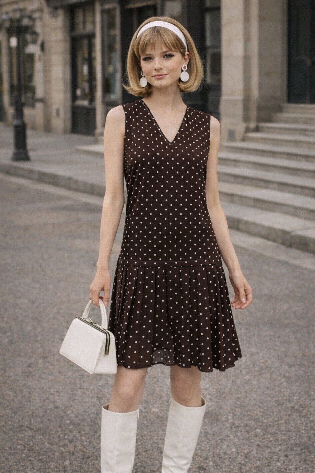 NWT Vtg 70s Brown Polka Dot Dress With Sheer Top Drop Waist Pleated Boho Sz M