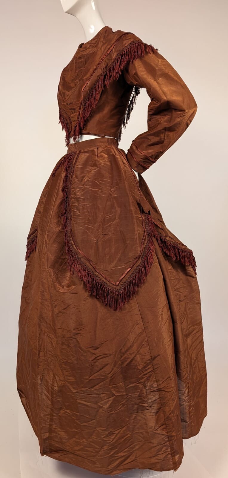 POST CIVIL WAR LATE 1860’S 3 PC BROWN SHINING SILK DRESS W FRINGE