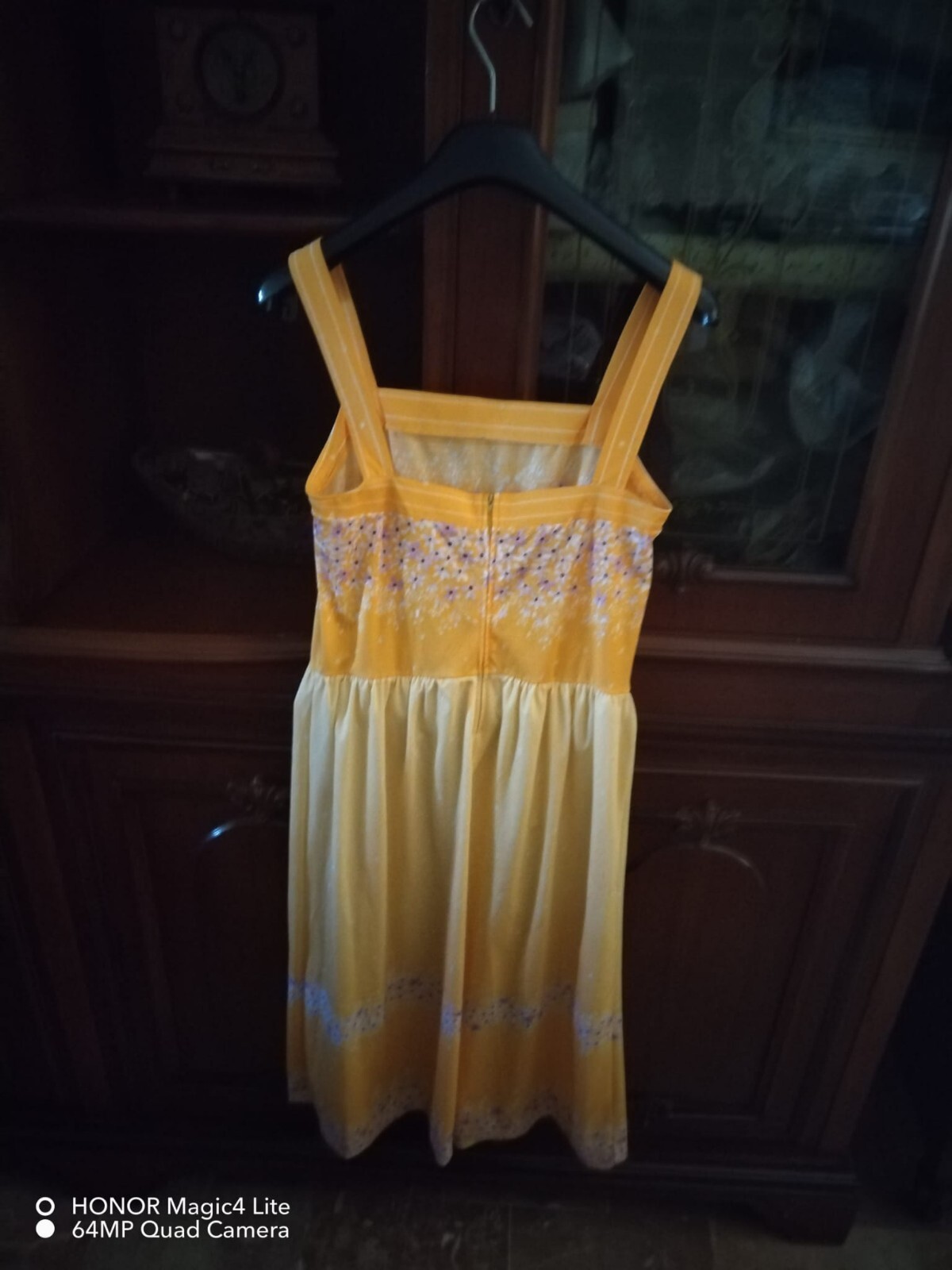 Yellow floral dress, vintage late ’70s, Corelle brand, size 46, made in Italy