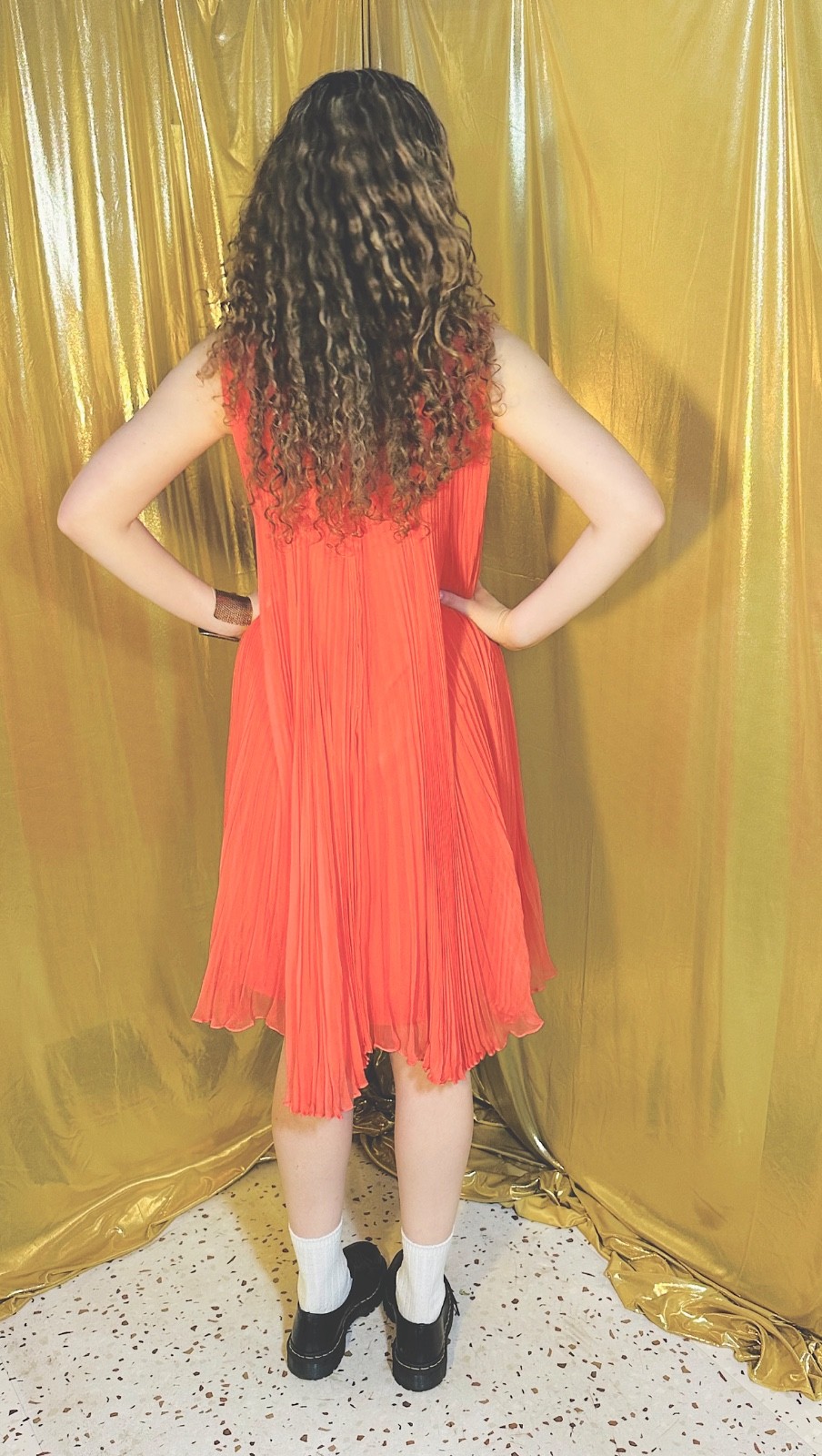 Vtg 1960s 60s TEAL TRAINA Silk PLEATED Chiffon Trapeze Dress CORAL Orange Mod M