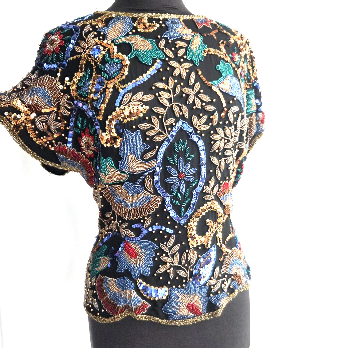 VTG Oleg Cassini M Sequin Black Top Formal Silk Floral Short Sleeve