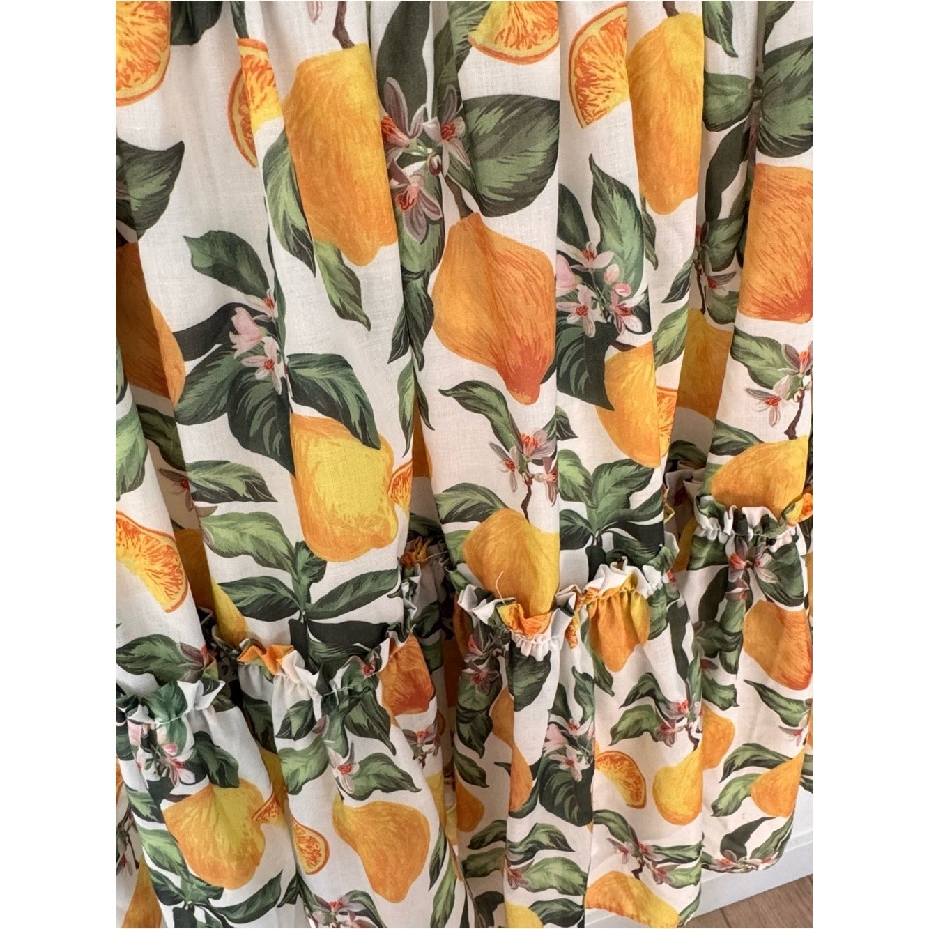 English Factory Lemon Floral Printed Tie Shoulder Tiered Ruffle Dress M Retro