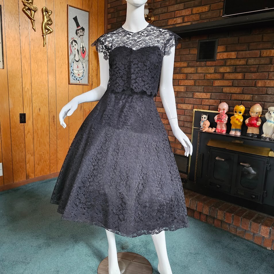 Vintage 1950s Black Lace Circle Prom Evening Cocktail Party Dress w/ Bolero XS/S