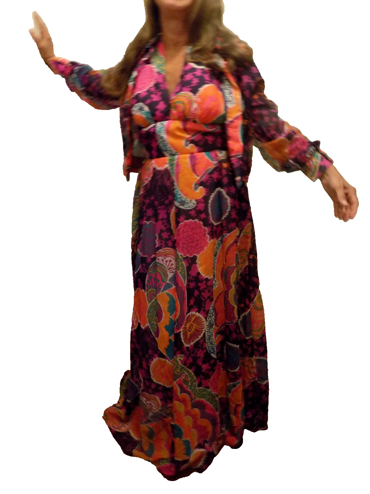 Don Luis vtg Halter Maxi Dress & Sheer Jacket BOLD Groovy Purple Orange Pink M