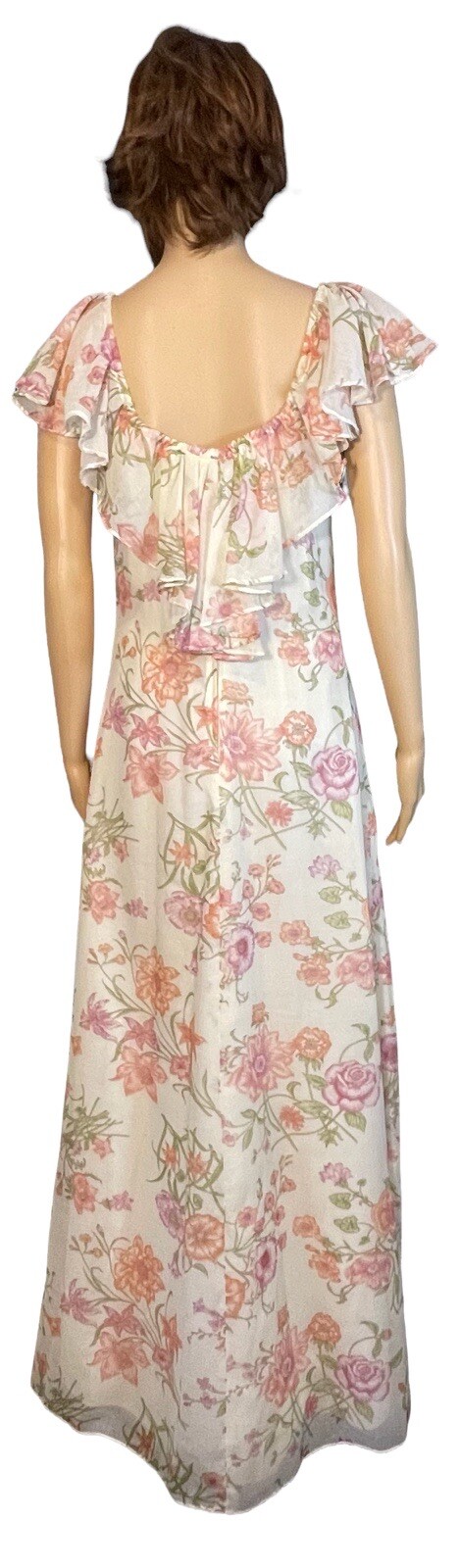 Vintage 1970s Casual Corner 11 Chiffon Pastel Floral Print Senorita Maxi Dress