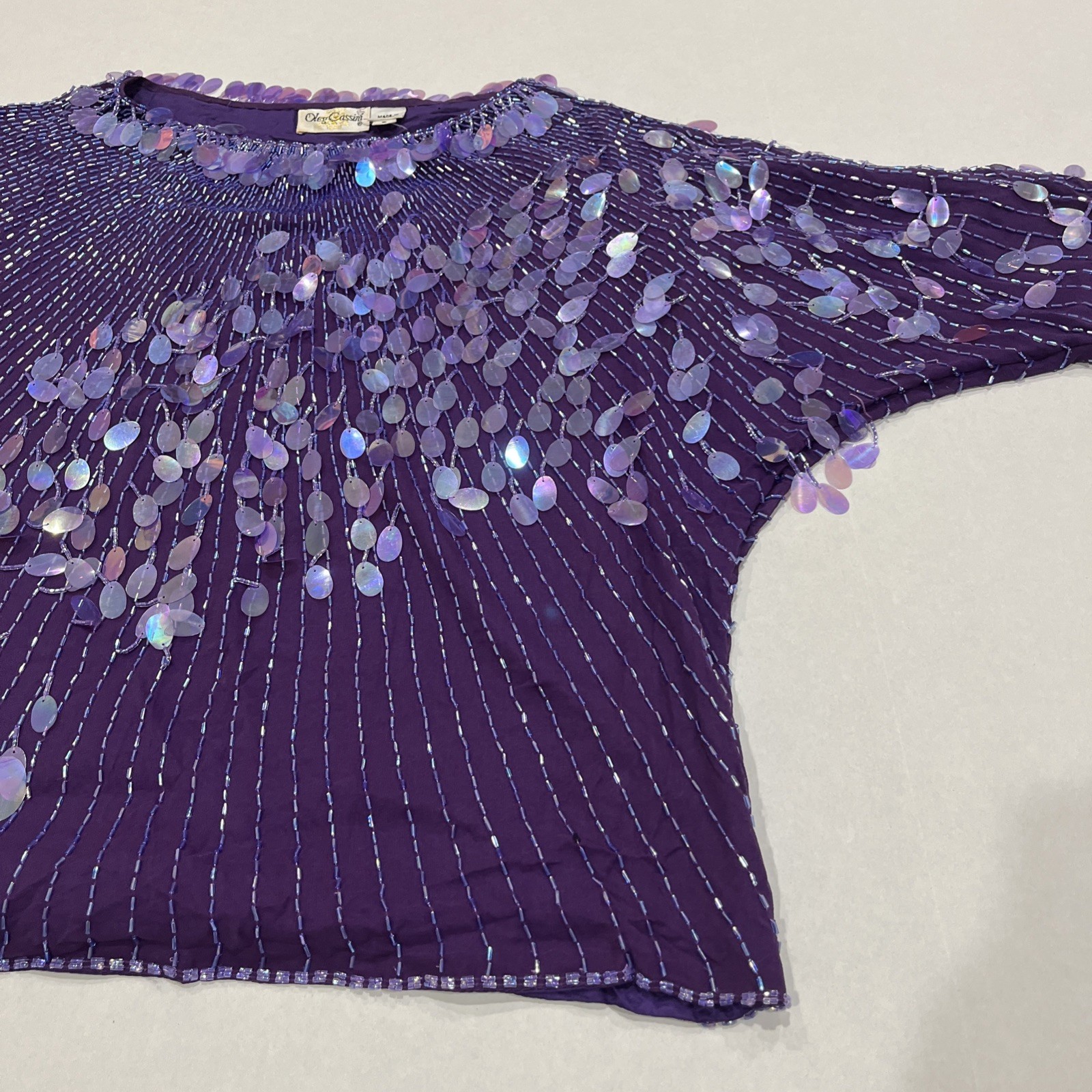 VTG OLEG CASSINI Royal Purple SEQUIN BEADED EMBELLISHED EVENING BLOUSE Size S