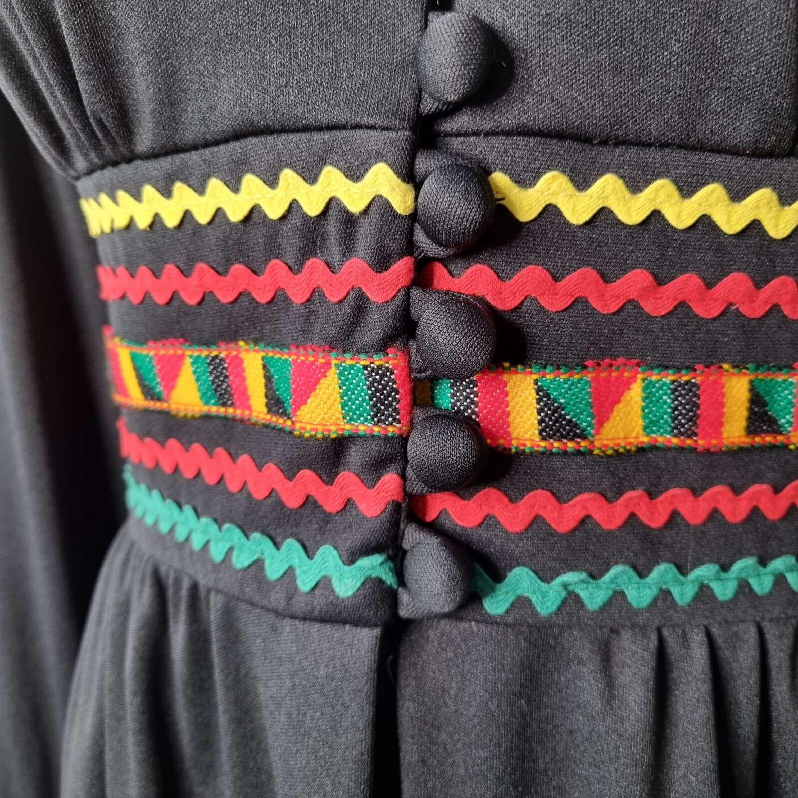 VTG 70s Mod Dress Rasta Jamaica Deep V Long Sleeve Knee Black Bayberry Sz 10 S M