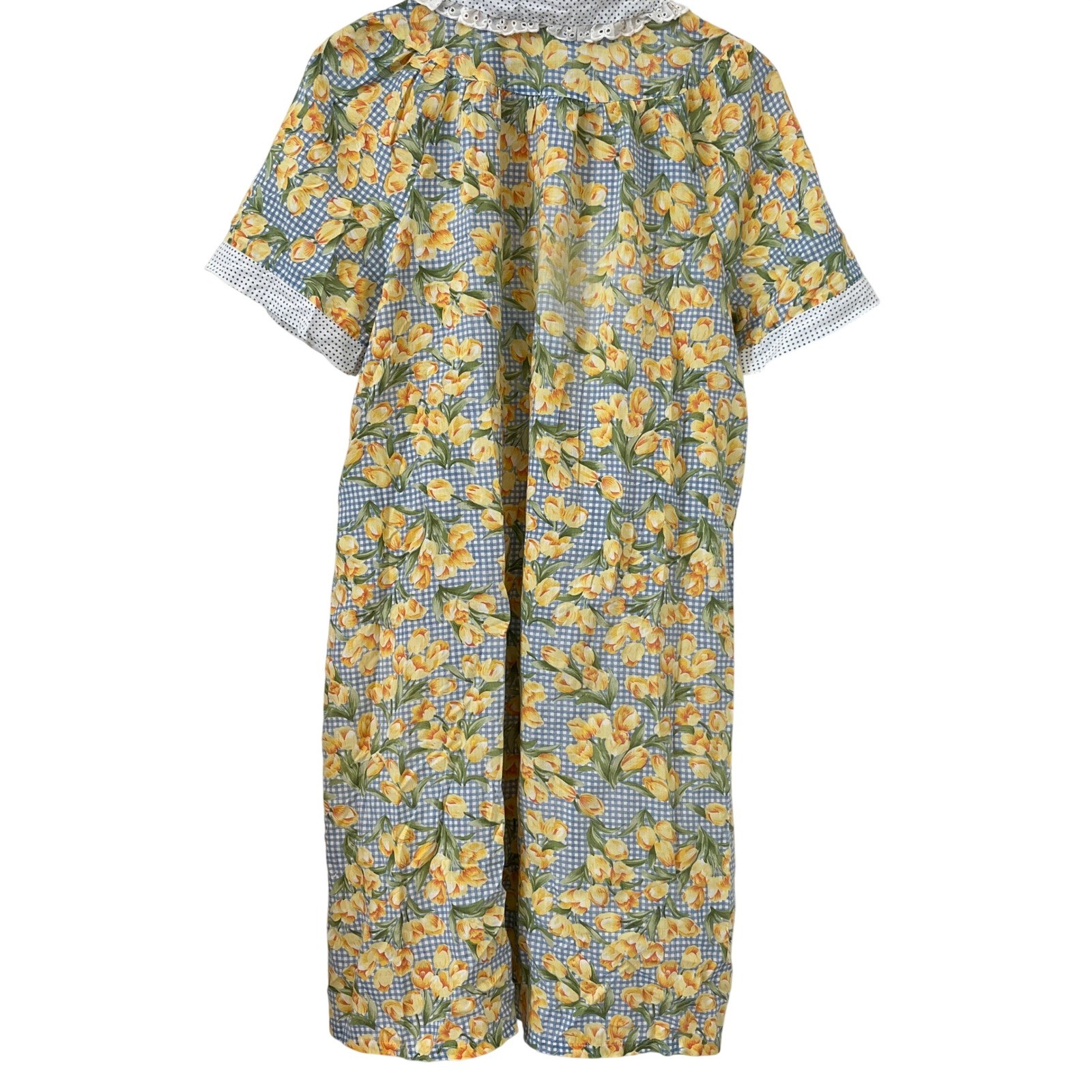 Ashley Taylor Floral Gingham Pearl Snap House Dress Blue Yellow Large Vintage