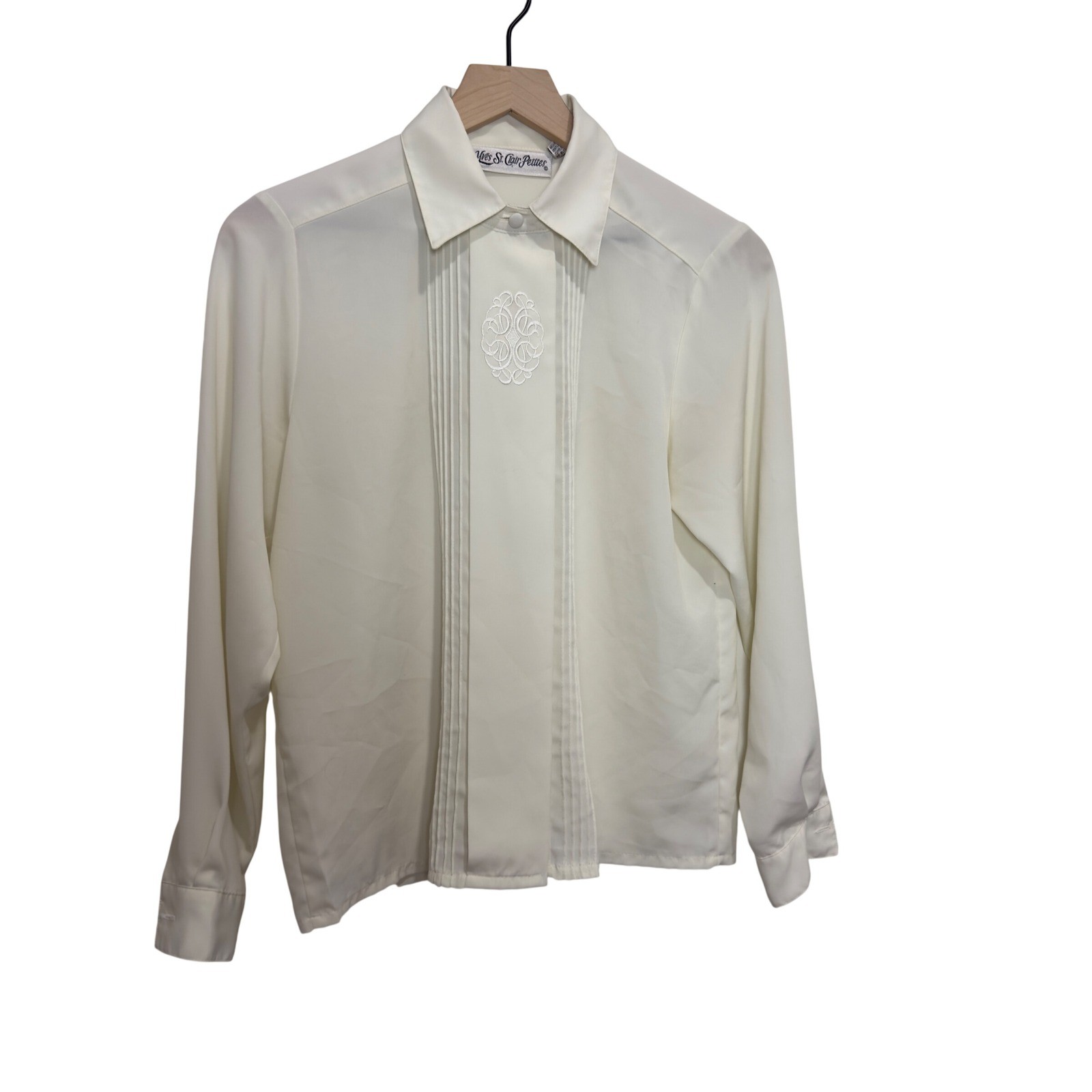 Vintage Yves St. Clair Petites Ivory Tuxedo Pleated Blouse Embroidered Top