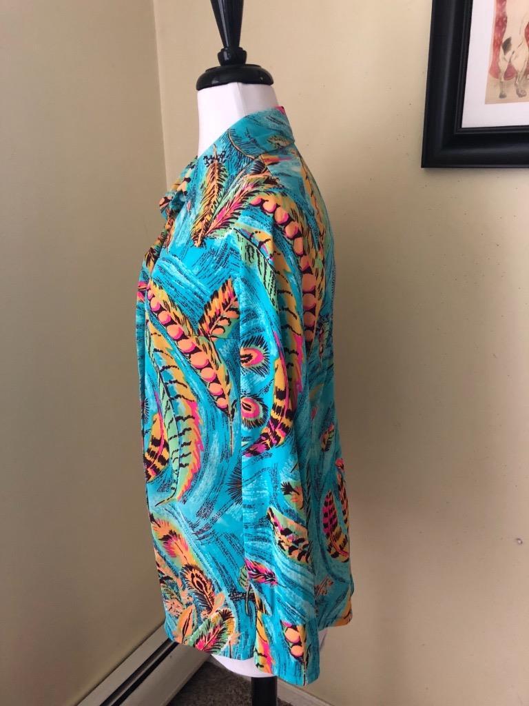 Vintage 1970’s Turquoise Blue Peacock Blouse Feathers Multi Colored Nylon Sz M