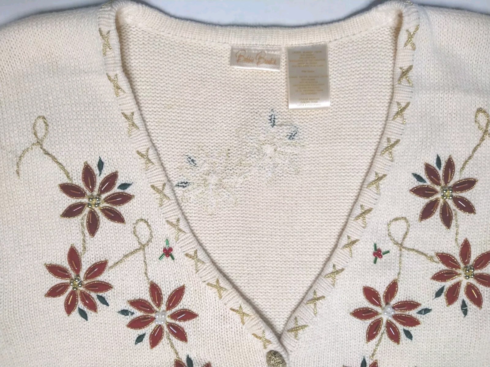 Vtg 90s Bobbie Brooks Poinsettia Holiday Christmas Beaded Metallic Sweater Vest