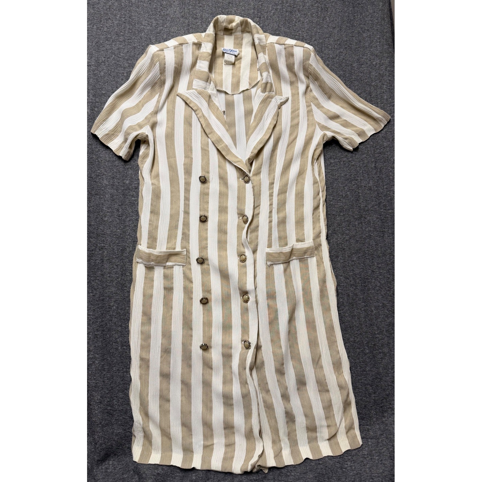 VTG Good Times Tan White Striped Double Breasted Shirt Dress Size 14 USA Made