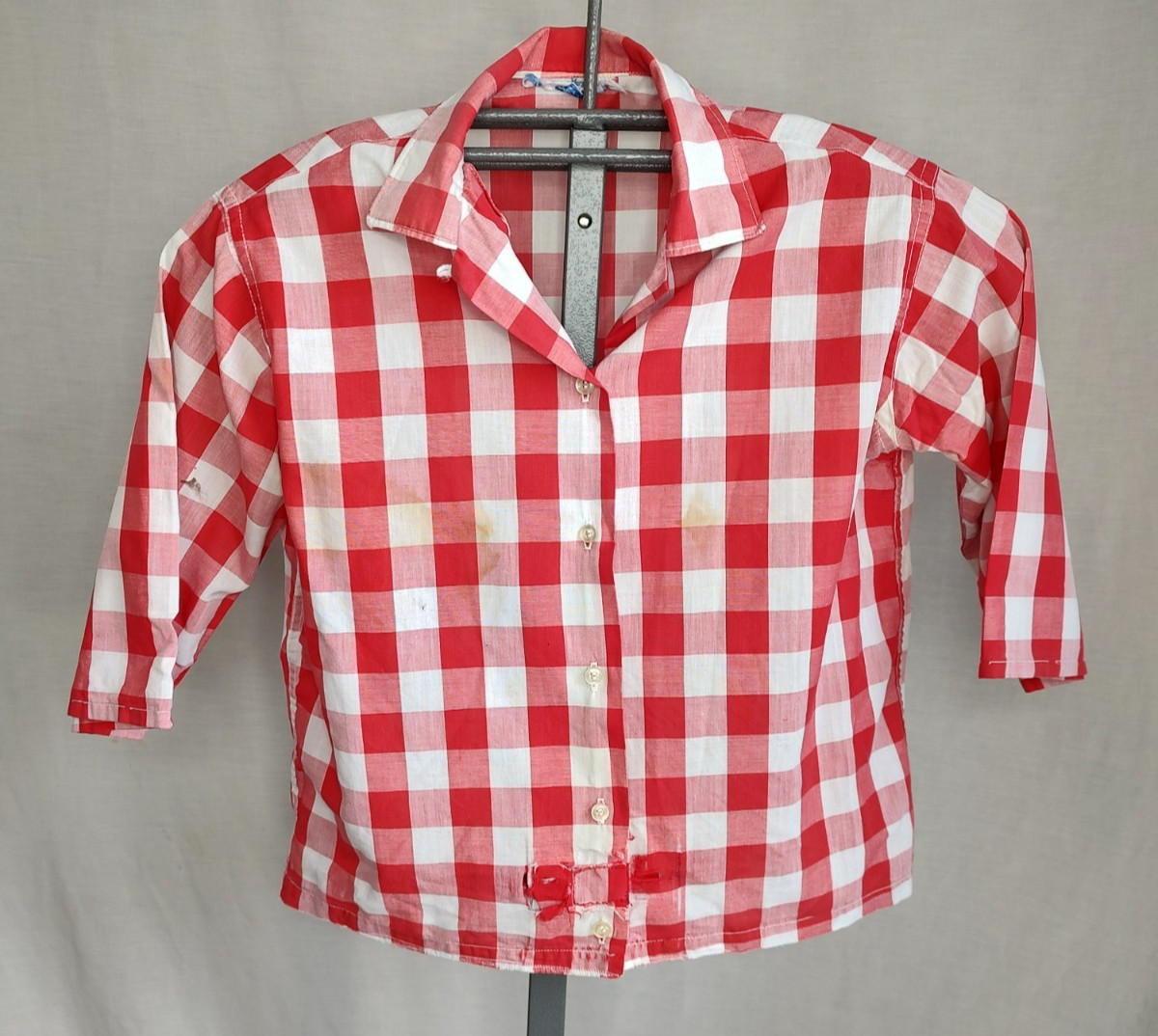 Vtg 50s/60s Shirt Womens Sz Sm Red White Check Loop Collar Distressed Rockabilly