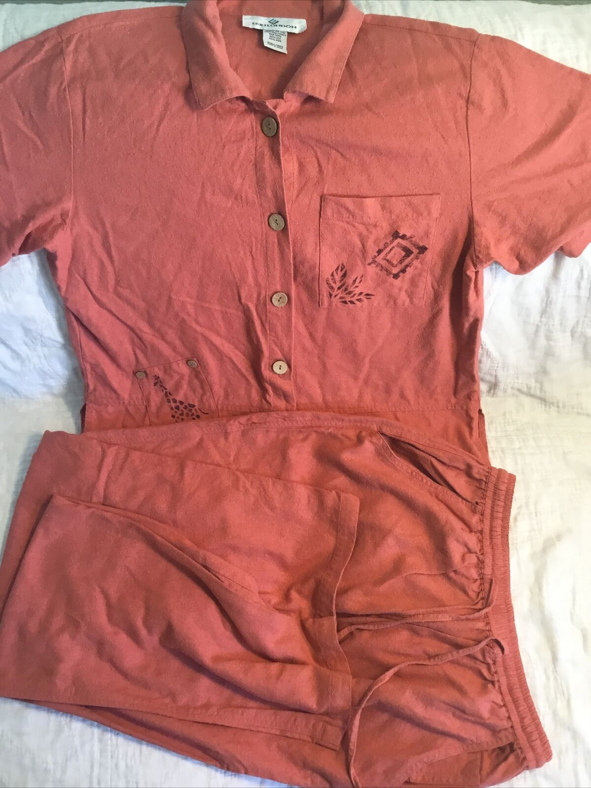 Erin London 100% Silk Orange Women’s Vintage Pants Blouse Giraffe Size Small