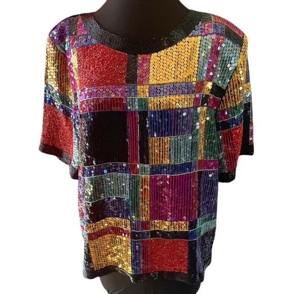 Vintage 80s Jean for Joseph Le Bon Silk Color block Beaded Sequined Blouse, Med