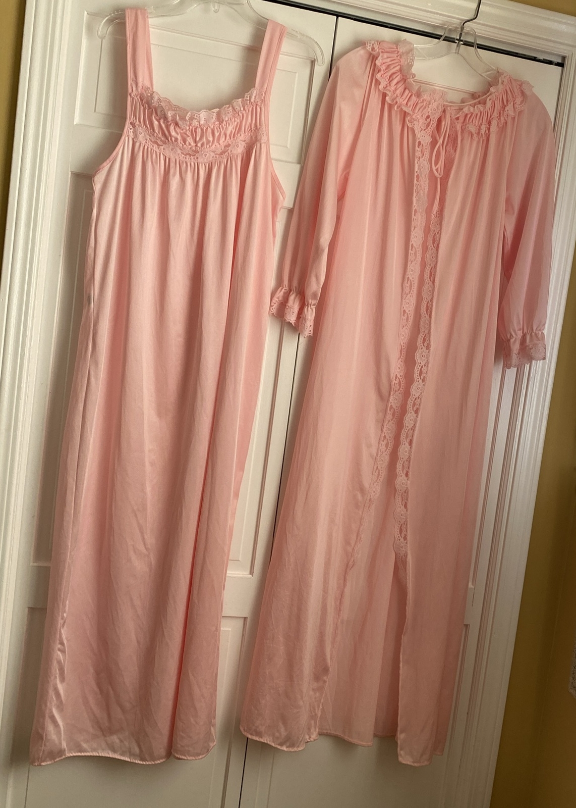 Vintage Glencraft Nylon w/ Lace Peignoir SET Long Nightgown Robe Lingerie Medium