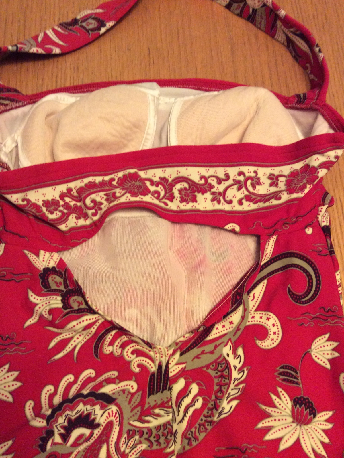 VTG Jantzen Red Multicolor Asian Print One Piece Halter Swimsuit Sz 14 Beach USA