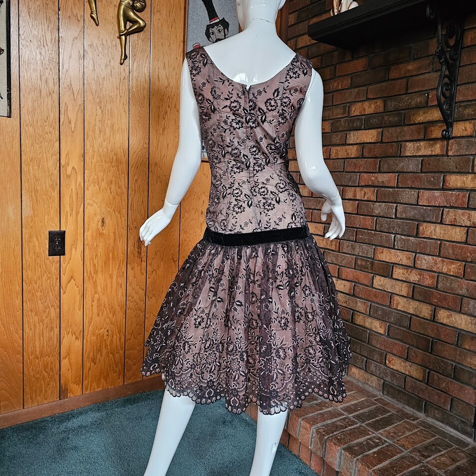 Vtg 50s Flocked Illusion Pink & Black Drop Waist Bubble Prom Cocktail Dress S/M
